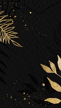 Aesthetic black phone wallpaper, simple gold leaf design on dark background 