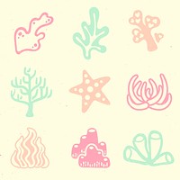 Sea coral sticker, marine collage element vector in colorful pastel colors set