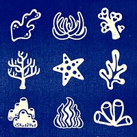 Underwater coral sticker, marine life vector set on blue background