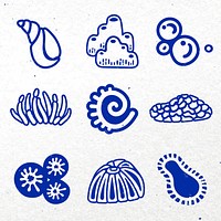 Underwater coral sticker, marine life vector set in blue