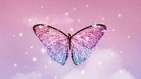 Pink butterfly computer wallpaper, aesthetic sparkling sky background