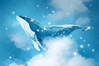 Sky blue background, whale fantasy art, beautiful glittering stars design