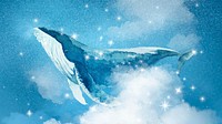 Blue computer wallpaper, aesthetic whale flying in sky background