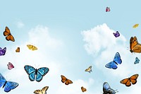 Blue sky butterfly background, watercolor illustration 