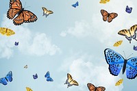 Blue sky butterfly background, watercolor illustration 