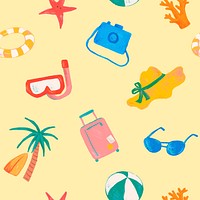 Tropical summer doodle seamless pattern, yellow background in vector