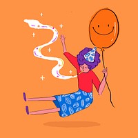 Smoking girl holding balloon, cute cartoon illustration