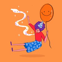 Girl holding balloon collage element, cute party sticker on orange background psd