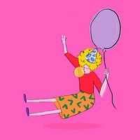 Girl holding balloon, cute cartoon illustration