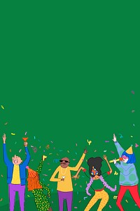 Cute party border green background, dancing cartoons drawing illustration
