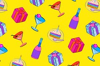 Colorful birthday pattern yellow background, drawing illustration, seamless design vector