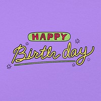 Happy birthday word sticker, cute pastel purple design psd