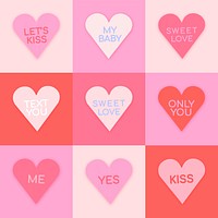 Heart shape vector stickers, cute love text