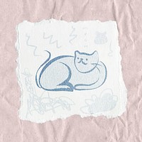 Sitting cat doodle sticker, ripped paper aesthetic vector
