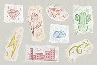 Aesthetic doodle sticker, ripped paper pastel set psd