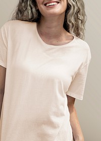 Woman in beige tee casual wear fashion