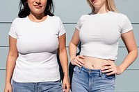 Happy friends plain white tee, confident women pose