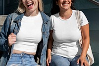 Happy friends plain white tee, women on college campus