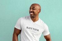 Happy man wearing a basic white tshirt, text rhythm