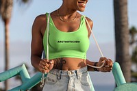 Tank top mockup, customizable casual top psd, African American woman at the beach