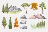 Nature collage element, watercolor trees and mountains illustration vector