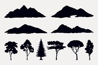 Silhouette nature, mountain and tree collage element vector set