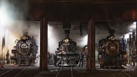Steam locomotives in the roundhouse of the Durango &amp; Silverton Narrow Gauge Scenic Railroad in Durango, Colorado. Original image from <a href="https://www.rawpixel.com/search/carol%20m.%20highsmith?sort=curated&amp;page=1">Carol M. Highsmith</a>&rsquo;s America, Library of Congress collection. Digitally enhanced by rawpixel.