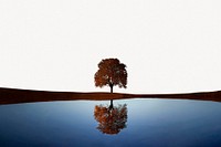 Lake & tree collage element, off white design psd