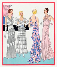 Four women in an interior (1931) fashion illustration in high resolution by Dupouy-Magnin, Mirande, Joseph Paquin and Maggy Rouff. Original from the Rijksmuseum. Digitally enhanced by rawpixel.