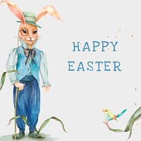 Editable Happy Easter template psd holidays celebration watercolor greeting with bunny vintage illustration social media post