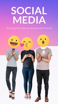 Social media lovers template, emoticon heads, Instagram story psd