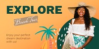 Beach tour Twitter post template, promotion ad psd