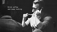 Coffee addict banner template, man having phone call photo psd