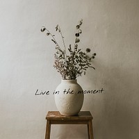 Houseplant aesthetic Instagram post template, live in the moment quote psd