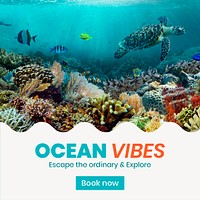 Ocean adventures Facebook post template,  summer travel psd