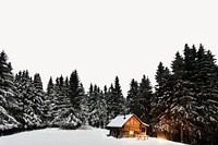 Winter pine forest border, wooden cabin image psd