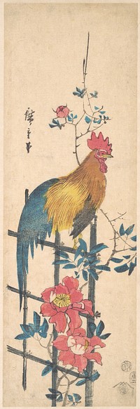 Utagawa Hiroshige (1797 &ndash; 1858) rooster on trellis. Original public domain image from the MET museum.