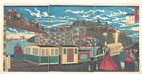 Illustration of Steam Locomotive Tracks at Takanawa, from the series Famous Places in Tokyo (Tōkyō meishō Takanawa-jōki kikansha no zen zu) (1872) print in high resolution by Tsukioka Yoshitoshi. Original from the MET Museum. 