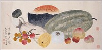 Dish of Iced Summer Fruit (1945) Chinese painting in high resolution by Ding Fuzhi.  