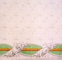 Wallpaper design accompanied by printed label describing the pattern: "Number Seventy. Ground composed of grape leaves, in bouquets, imitating embroidery. Upon one side a spiral garland composed of roses, jessamin and annemone entwined round a bamboo. Messrs. Virchaux & Co. by right, obtained from Joseph Ramee, intend to execute this design, of his invention, on every different ground, with correspondent colours, at their manufactory of Paper Hangings" (1816). Original from the Library of Congress.