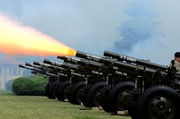 July 4, 2016 - A 50-gun salute to America's 240th birthday by Bravo Battery, 2nd Battalion, 2nd Field Artillery (Salute Battery) at noon in front of McHair Hall, Fort Sill, Oklahoma. Original public domain image from Flickr