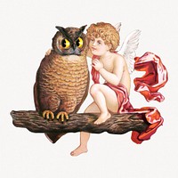 Cherub sitting on a tree branch, speaking to an owl illustration.   Remastered by rawpixel