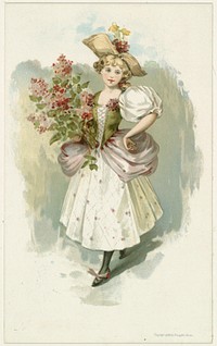             Girl holding flowers wearing a hat with flowers on top          