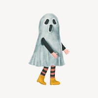 White ghost, kid in Halloween costume collage element psd