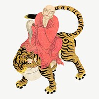 Man riding tiger, vintage Japanese collage element psd by Utagawa Hiroshige. Remastered by rawpixel.