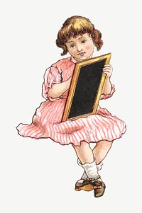 Little girl drawing on blackboard, vintage illustration psd. Remixed by rawpixel.