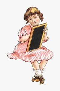 Little girl drawing on blackboard, vintage illustration. Remixed by rawpixel.