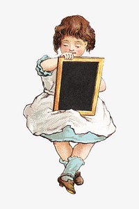 Little girl drawing on blackboard, vintage illustration. Remixed by rawpixel.