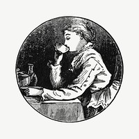 Vintage woman drinking tea illustration psd. Remixed by rawpixel. 