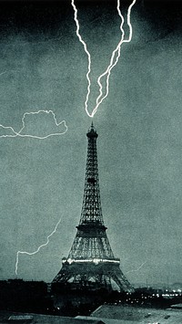 Lightning striking Eiffel Tower iPhone wallpaper, vintage photograph. Remixed by rawpixel.